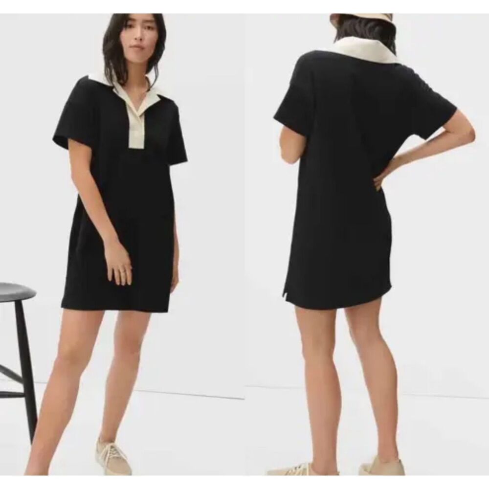 EVERLANE The Retro Cotton Jersey Polo Dress in Black, Ivory Collar, Sz XS
